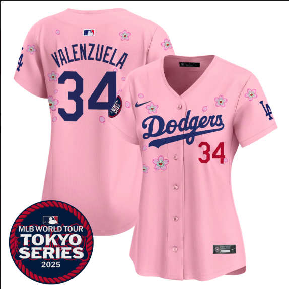 women Los Angeles Dodgers #34 Valenzuela Tokyo Series 2025 pink Limited Stitched Jersey->women mlb jersey->Women Jersey